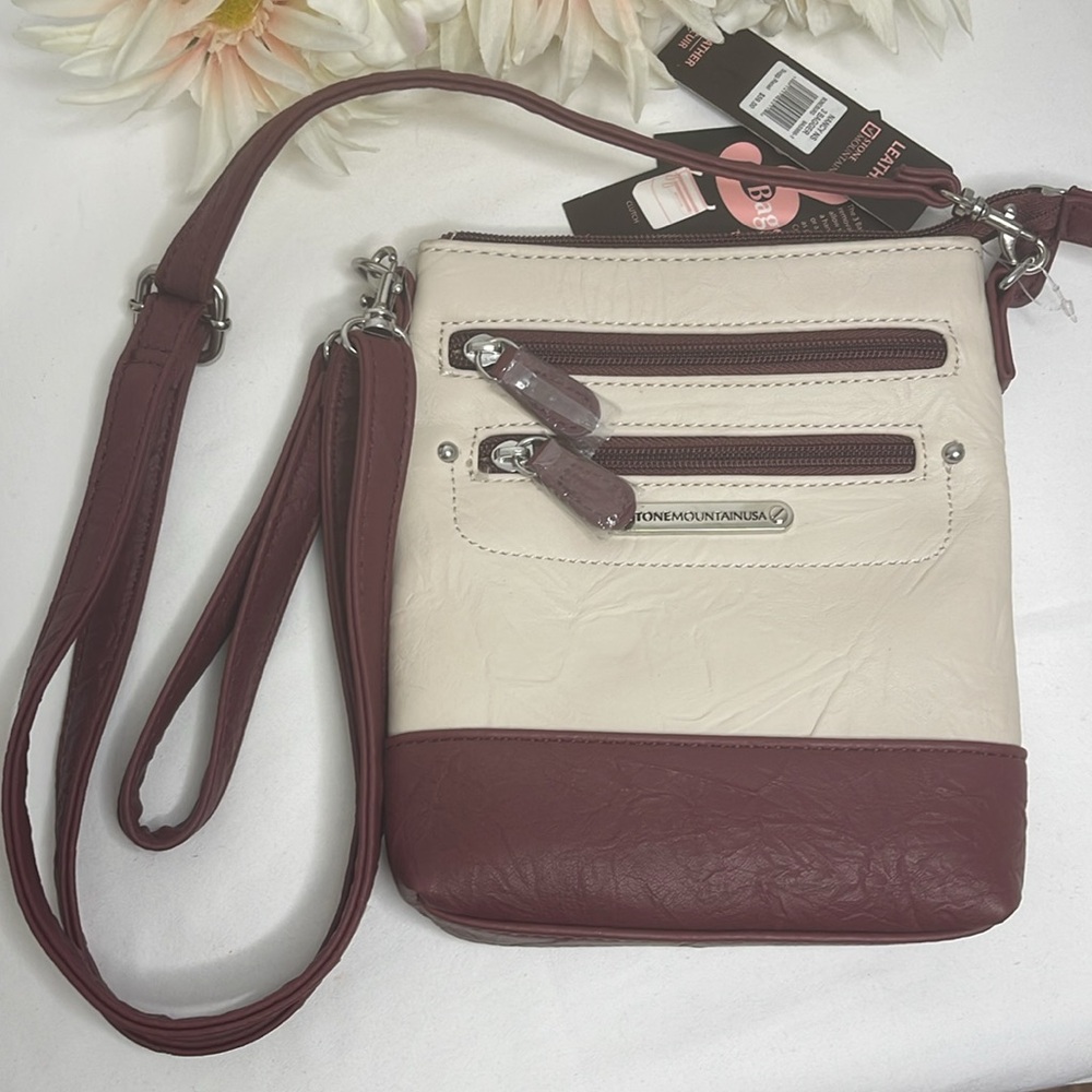 Stone Mountain Accessories Leather Cream and Burgundy 3 Bagger Crossbody Bag NWT